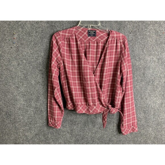 Abercrombie & Fitch Crop Wrap Top Long Sleeve Pink M Plaid Side Tie Soft Viscose - Picture 1 of 11